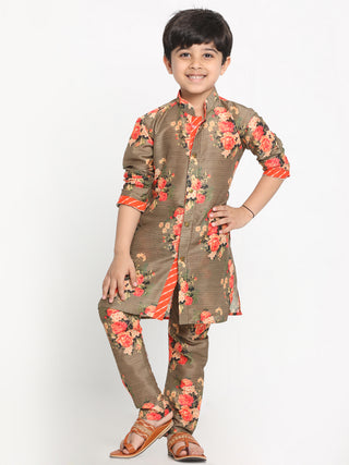 Vastramay Boys Floral Printed Beige Kurta Pyjama Set With Laharia Border