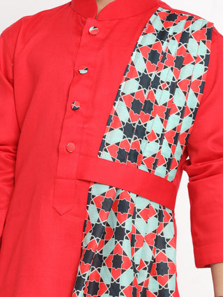 JBN CREATION Boy's Printed Dupatta Attached With A Belt Red Kurta And Pyjama Set