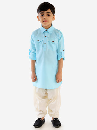 Vastramay Boy's Blue Cotton Blend Pathani Suit Set