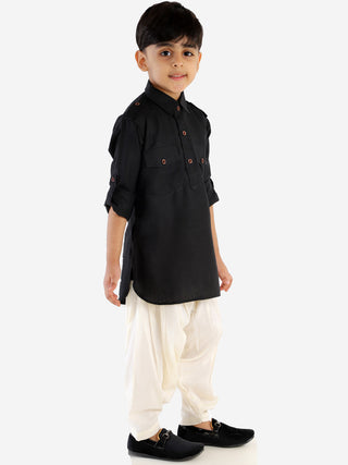 VASTRAMAY Boy's Black Cotton Blend Pathani Suit Set