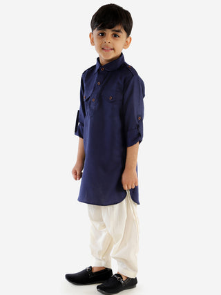 VASTRAMAY Boy's Navy Blue Cotton Blend Pathani Suit Set