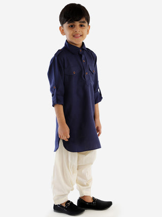VASTRAMAY Boy's Navy Blue Cotton Blend Pathani Suit Set