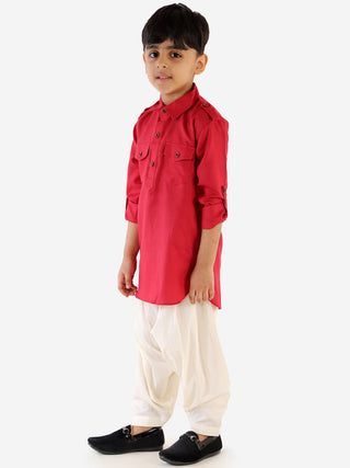 VASTRAMAY Boy's Maroon Cotton Blend Pathani Suit Set