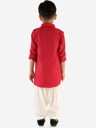 VASTRAMAY Boy's Maroon Cotton Blend Pathani Suit Set
