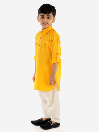 VASTRAMAY Boy's Yellow Cotton Blend Pathani Suit Set