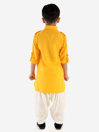 VASTRAMAY Boy's Yellow Cotton Blend Pathani Suit Set