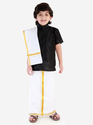 JBN Creation Boys Black & White Silk Blend Shirt Mundu and Dupatta