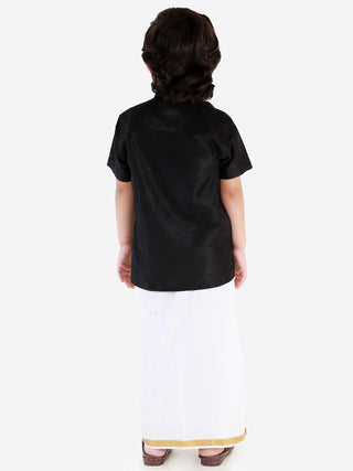 JBN Creation Boys Black & White Silk Blend Shirt Mundu and Dupatta