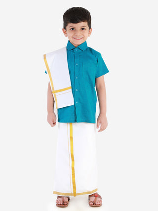 JBN Creation Boys' Azure Blue Cotton Short Sleeves Ethnic Shirt Mundu Vesty Style Dhoti Pant Set