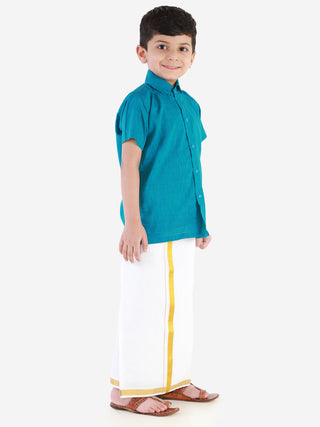 Vastramay Turquoise and White Cotton Blend Baap Beta Ethnic Shirt And Mundu Set