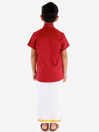 JBN Creation Boys' Cherry Maroon Cotton Short Sleeves Ethnic Shirt Mundu Vesty Style Dhoti Pant Set