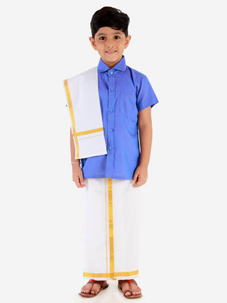 JBN Creation Boys' Teal Blue Cotton Short Sleeves Ethnic Shirt Mundu Vesty Style Dhoti Pant Set