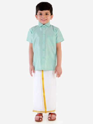 JBN Creation Boys' Aqua Silk Short Sleeves Ethnic Shirt Mundu Vesty Style Dhoti Pant Set