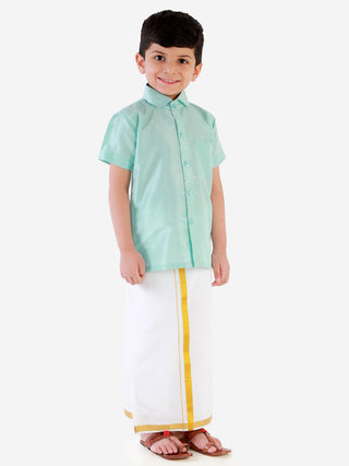 JBN Creation Boys' Aqua Silk Short Sleeves Ethnic Shirt Mundu Vesty Style Dhoti Pant Set