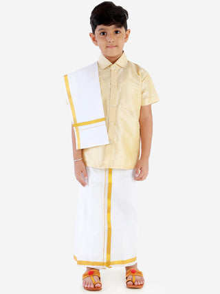 JBN Creation Boys' Parmesan Silk Short Sleeves Ethnic Shirt Mundu Vesty Style Dhoti Pant Set