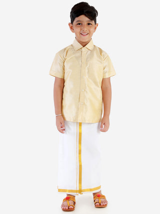 JBN Creation Boys' Parmesan Silk Short Sleeves Ethnic Shirt Mundu Vesty Style Dhoti Pant Set