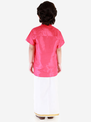 JBN Creation Boys' Punch Pink Silk Short Sleeves Ethnic Shirt Mundu Vesty Style Dhoti Pant Set