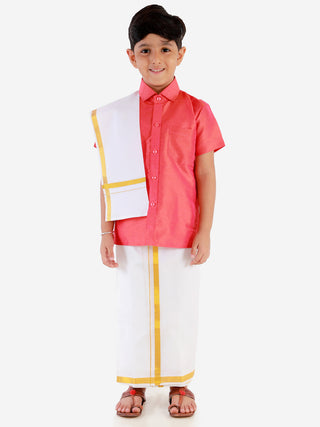 JBN Creation Boys' Candy Red Silk Short Sleeves Ethnic Shirt Mundu Vesty Style Dhoti Pant Set