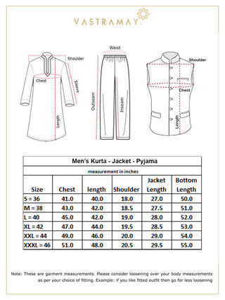 VASTRAMAY Men's White Cotton Kurta, Checkered Royal Linen Nehru Jacket and Pyjama Set