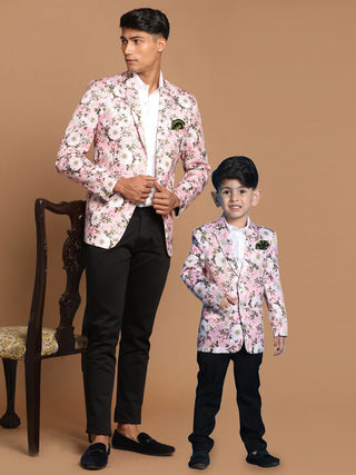 VASTRAMAY Pink Floral Printed Baap Beta Blazer Set