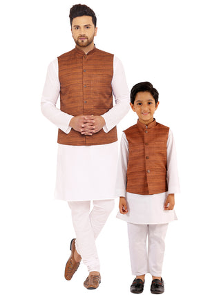 VASTRAMAY Brown Color Nehru Jacket And White Kurta Pyjama Baap Beta Set