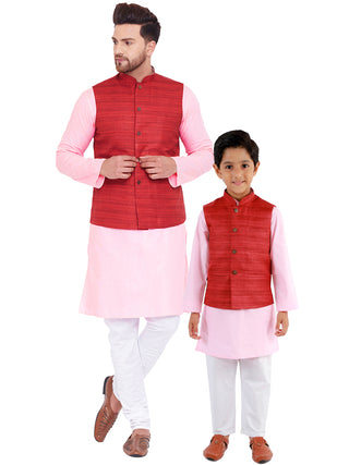 VASTRAMAY Maroon, Pink And White Baap Beta Nehru Jacket Kurta Pyjama set