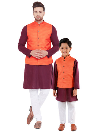 VASTRAMAY Orange, Purple And White Baap Beta Nehru Jacket Kurta Pyjama set