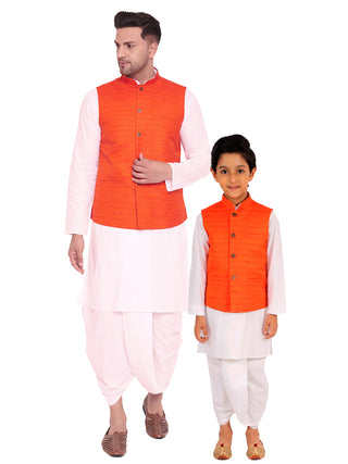 VASTRAMAY Orange Cotton Silk Nehru Jacket & White Dhoti Kurta Baap Beta Set
