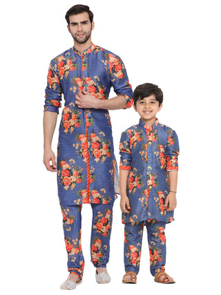 Vastramay Multicolor-Base-Blue Cotton Blend Baap Beta Kurta Pyjama set