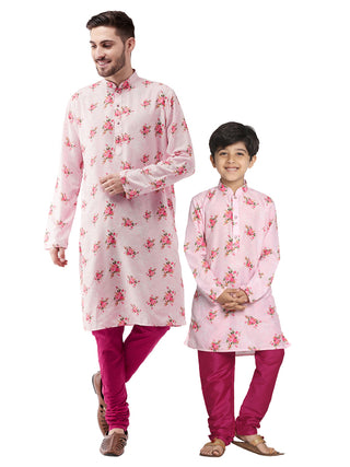 Vastramay Multicolor-Base-Pink Muslin Blend Baap Beta Kurta Pyjama Set