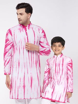 VASTRAMAY Pink And White Tie- Dye Kurta Baap Beta Set
