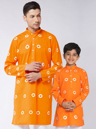 VASTRAMAY Orange Bandhni Print Kurta Baap Beta Set