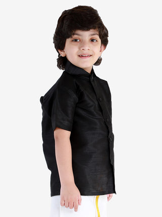 VASTRAMAY Men's & Boys Black Solid Silk Blend Half Sleeve Ethnic Shirt