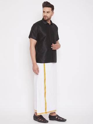 VASTRAMAY Men's & Boys Black Solid Silk Blend Half Sleeve Ethnic Shirt And Mundu Set