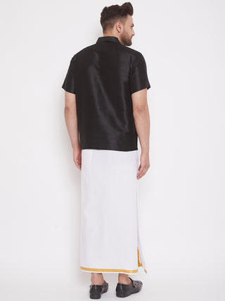 VASTRAMAY Men's & Boys Black Solid Silk Blend Half Sleeve Ethnic Shirt And Mundu Set