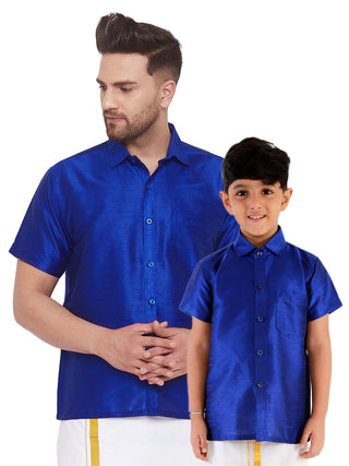 VASTRAMAY Men's & Boys Blue Solid Silk Blend Half Sleeve Ethnic Shirt