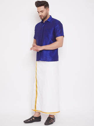 VASTRAMAY Men's & Boys Blue Solid Silk Blend Half Sleeve Ethnic Shirt And Mundu Set