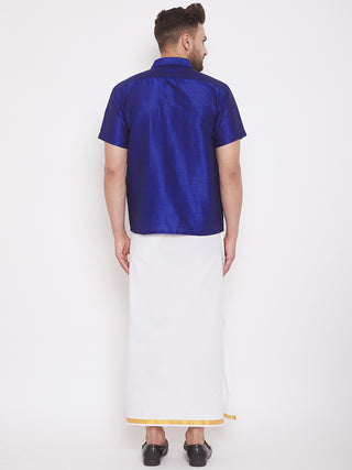 VASTRAMAY Men's & Boys Blue Solid Silk Blend Half Sleeve Ethnic Shirt And Mundu Set