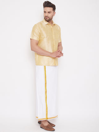 VASTRAMAY Men's & Boys Gold Solid Silk Blend Half Sleeve Ethnic Shirt And Mundu Set