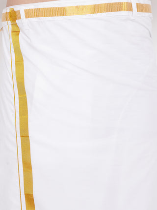VASTRAMAY Men's & Boys Gold Solid Silk Blend Half Sleeve Ethnic Shirt And Mundu Set