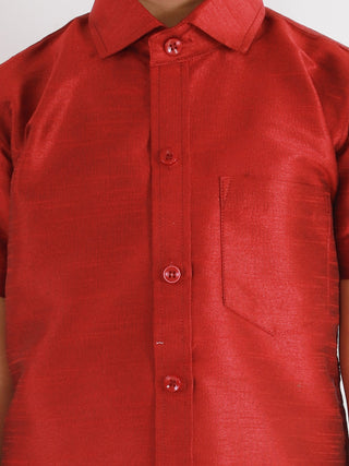 VASTRAMAY Men's & Boys Maroon Solid Silk Blend Half Sleeve Ethnic Shirt