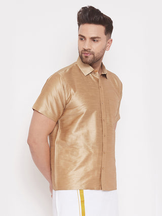 VASTRAMAY Men's & Boys Rose Gold Solid Silk Blend Half Sleeve Ethnic Shirt