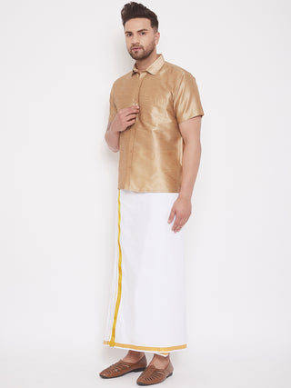 VASTRAMAY Men's & Boys Rose Gold Solid Silk Blend Half Sleeve Ethnic Shirt And Mundu Set