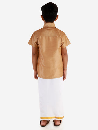 VASTRAMAY Men's & Boys Rose Gold Solid Silk Blend Half Sleeve Ethnic Shirt And Mundu Set