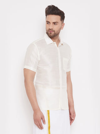 VASTRAMAY Men's & Boys White Solid Silk Blend Half Sleeve Ethnic Shirt