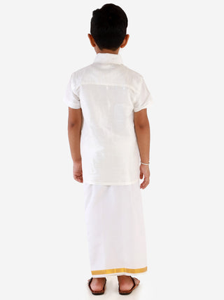 VASTRAMAY Men's & Boys White Solid Silk Blend Half Sleeve Ethnic Shirt And Mundu Set