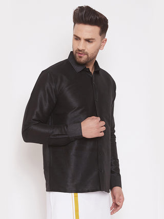 VASTRAMAY Men's & Boys Black Solid Silk Blend Full Sleeve Ethnic Shirt