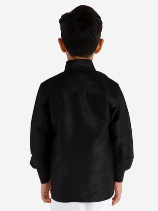 VASTRAMAY Men's & Boys Black Solid Silk Blend Full Sleeve Ethnic Shirt