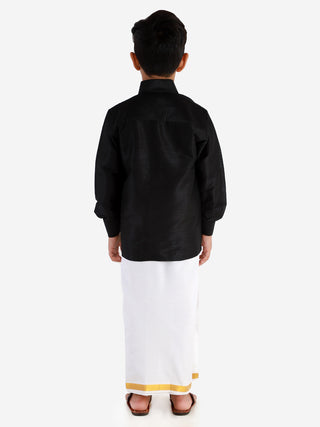 VASTRAMAY Men's & Boys Black Solid Silk Blend Full Sleeve Ethnic Shirt And Mundu Set