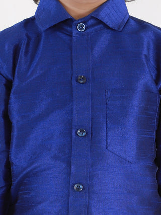 VASTRAMAY Men's & Boys Blue Solid Silk Blend Full Sleeve Ethnic Shirt